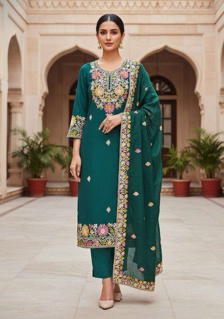Teal Blue Embroidery Silk Salwar Kameez - Indya