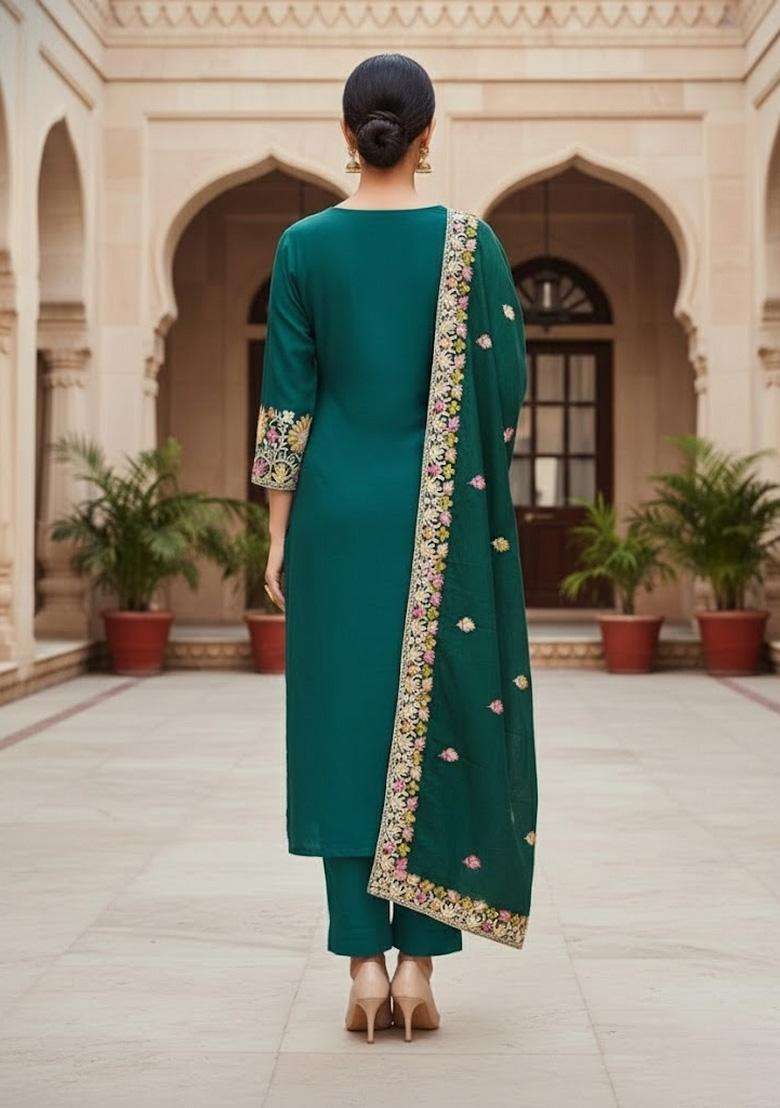 Teal Blue Embroidery Silk Salwar Kameez - Indya