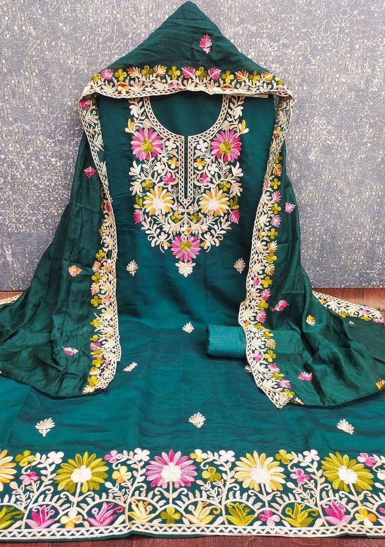 Teal Blue Embroidery Silk Salwar Kameez - Indya