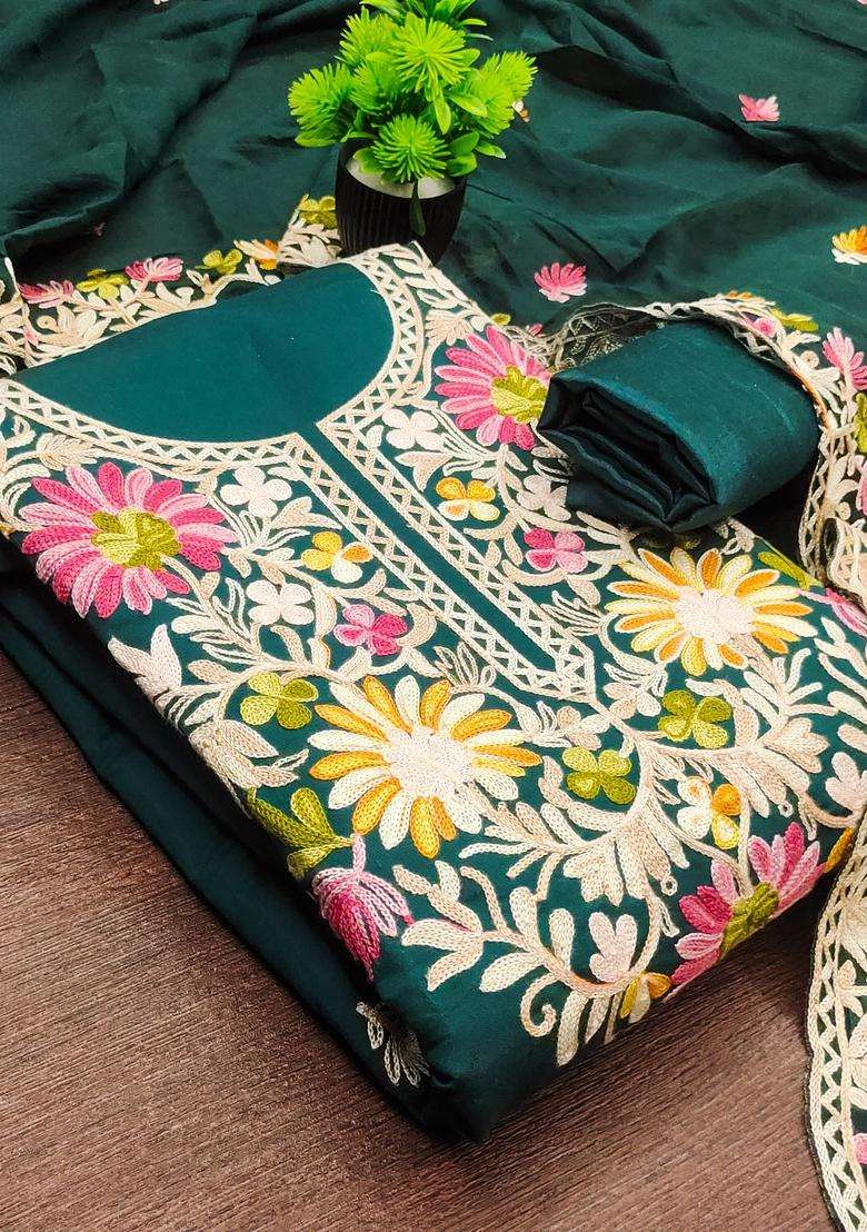 Teal Blue Embroidery Silk Salwar Kameez - Indya