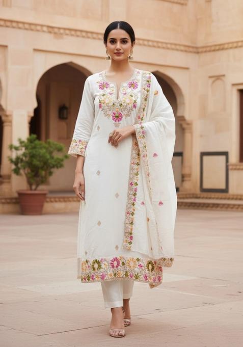 White Embroidery Silk Salwar Kameez