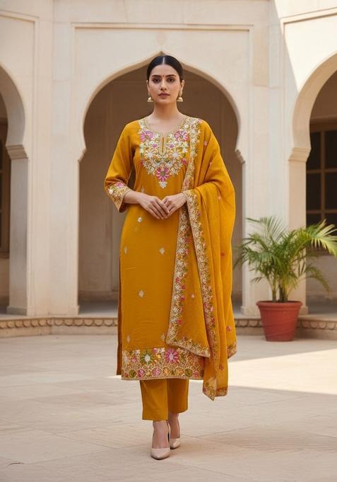 Yellow Embroidery Silk Salwar Kameez