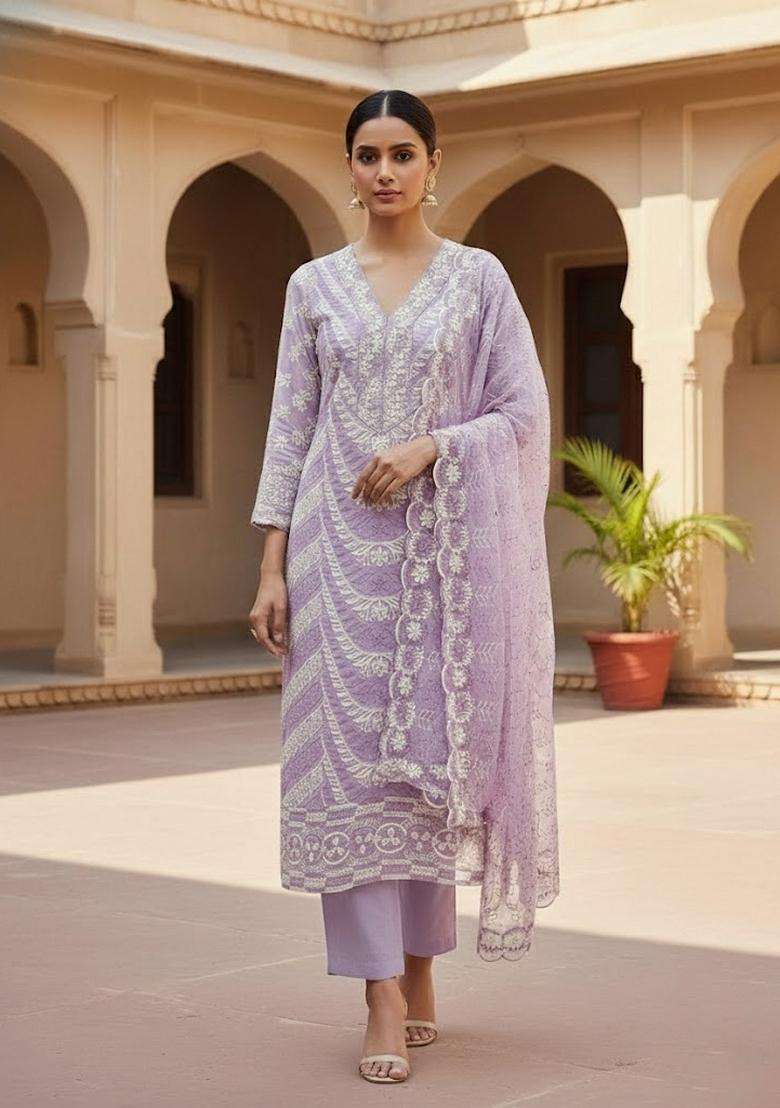 Lavender Embroidery Georgette Salwar Kameez - Indya