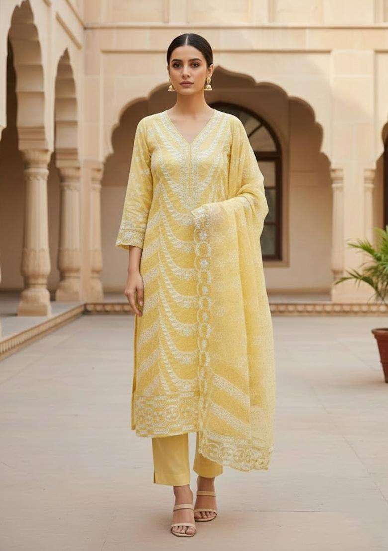 Yellow Embroidery Georgette Salwar Kameez - Indya