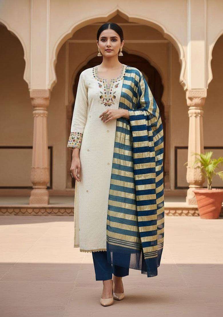 White Embroidery Cotton Salwar Kameez - Indya