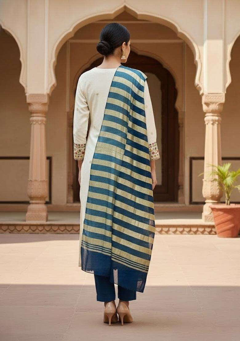 White Embroidery Cotton Salwar Kameez - Indya