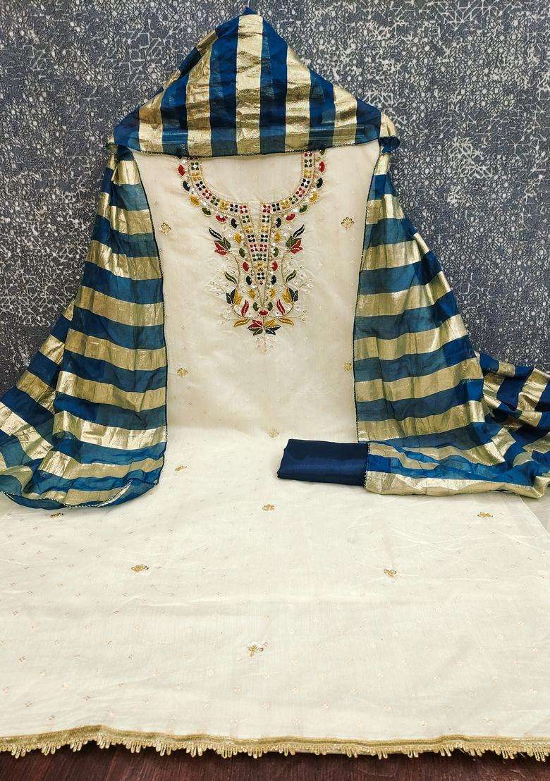 White Embroidery Cotton Salwar Kameez - Indya