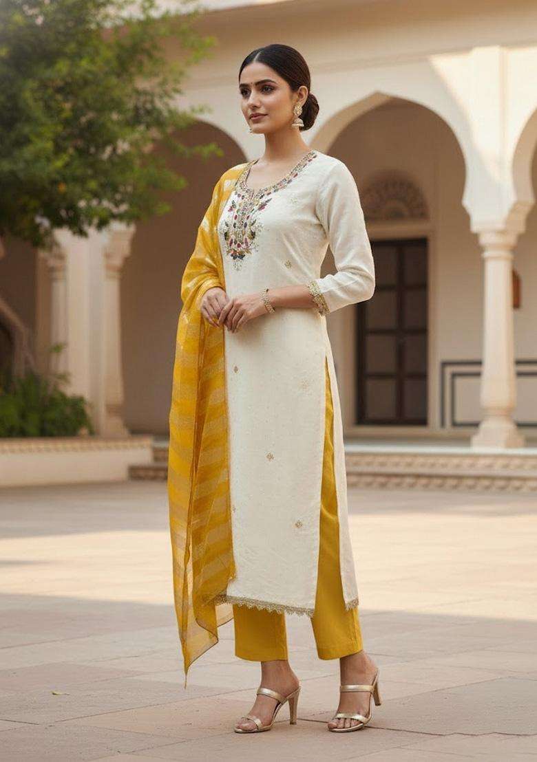 White Embroidery Cotton Salwar Kameez - Indya