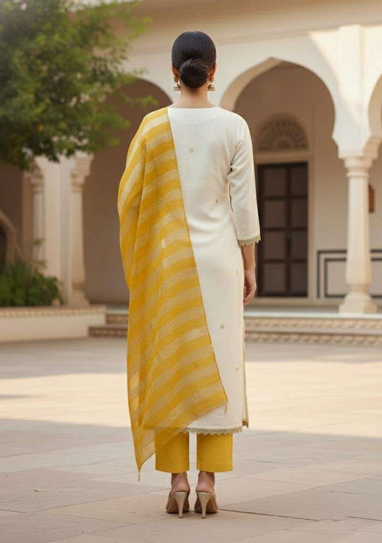 White Embroidery Cotton Salwar Kameez - Indya