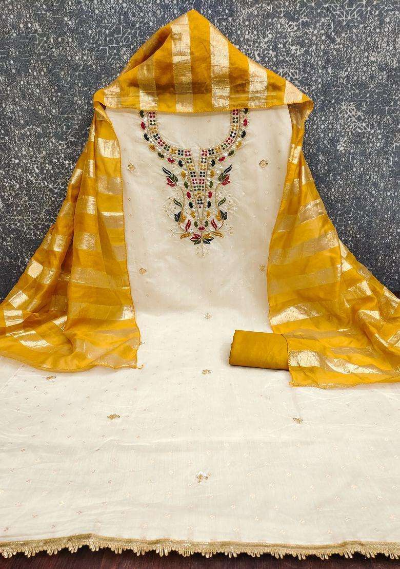 White Embroidery Cotton Salwar Kameez - Indya