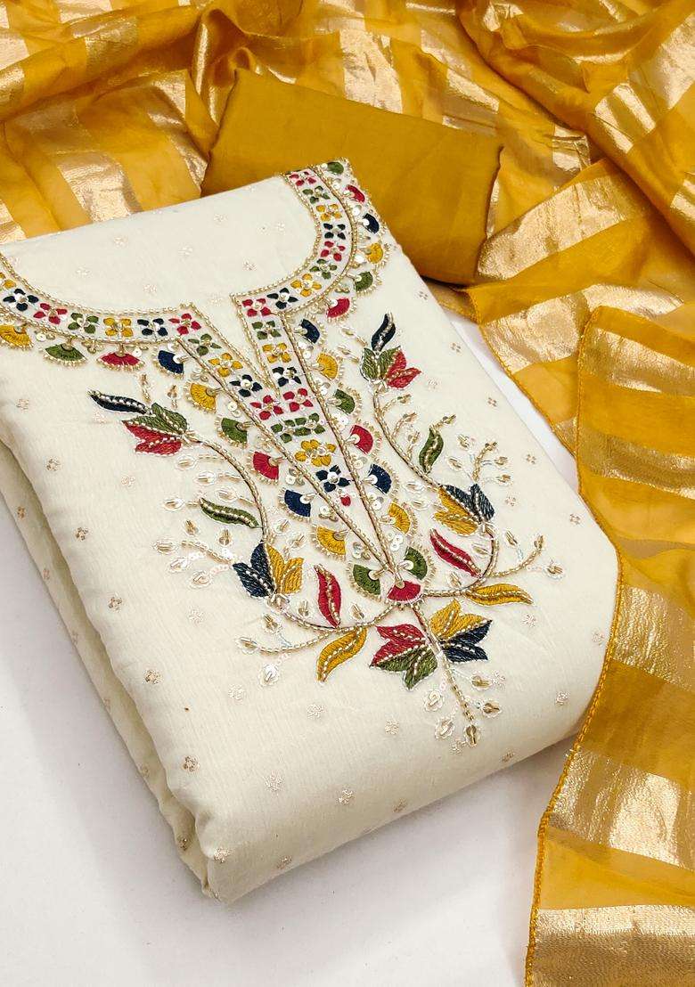 White Embroidery Cotton Salwar Kameez - Indya