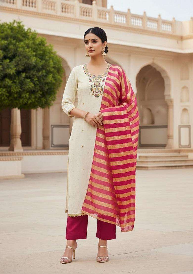 White Embroidery Cotton Salwar Kameez - Indya