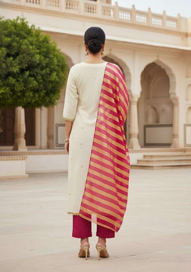 White Embroidery Cotton Salwar Kameez - Indya