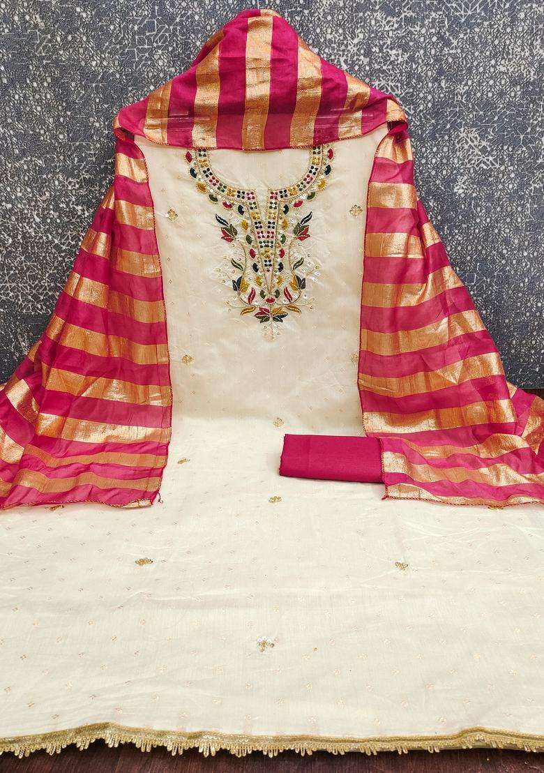 White Embroidery Cotton Salwar Kameez - Indya