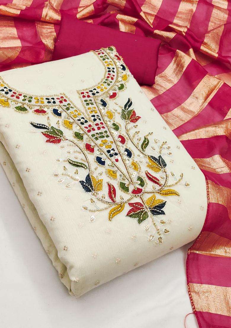 White Embroidery Cotton Salwar Kameez - Indya