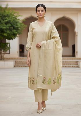 Beige Embroidery Silk Salwar Kameez