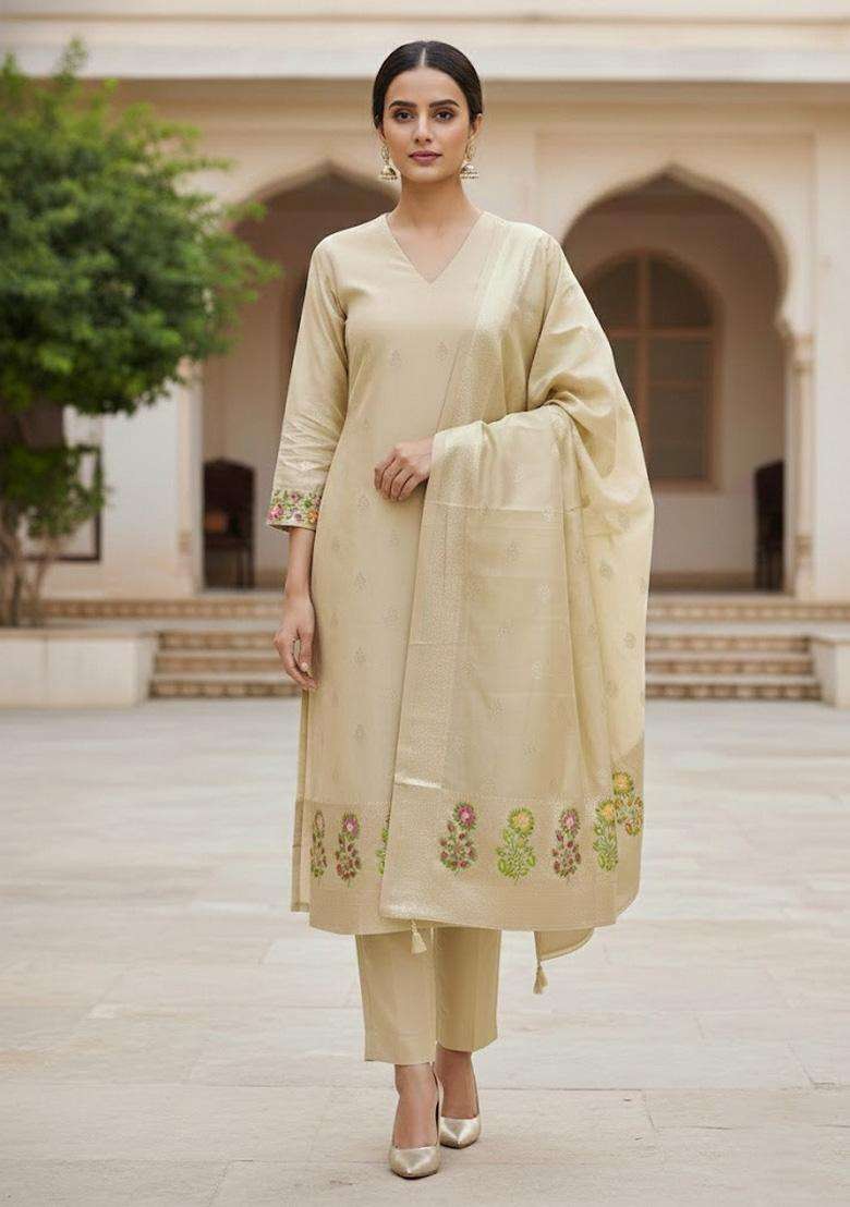 Beige Embroidery Silk Salwar Kameez - Indya
