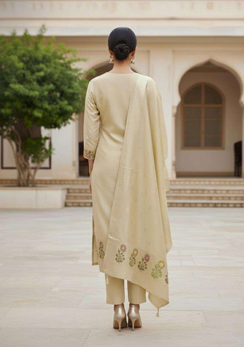 Beige Embroidery Silk Salwar Kameez - Indya