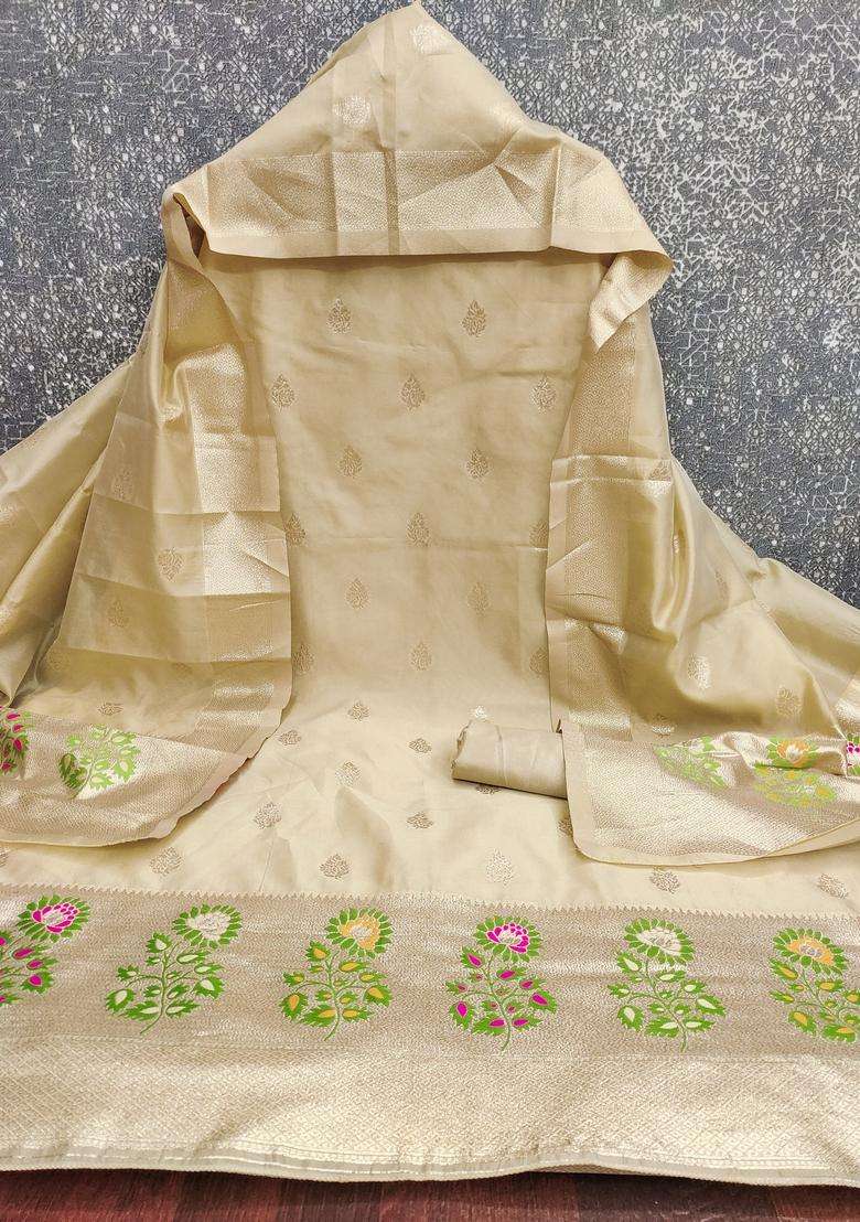 Beige Embroidery Silk Salwar Kameez - Indya