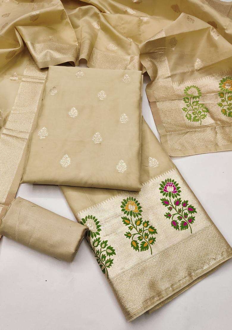 Beige Embroidery Silk Salwar Kameez - Indya