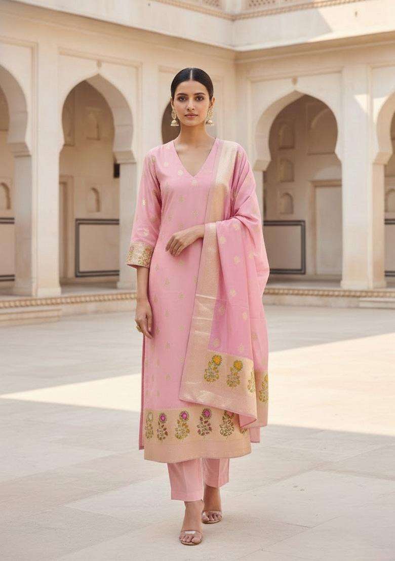 Pink Embroidery Silk Salwar Kameez - Indya