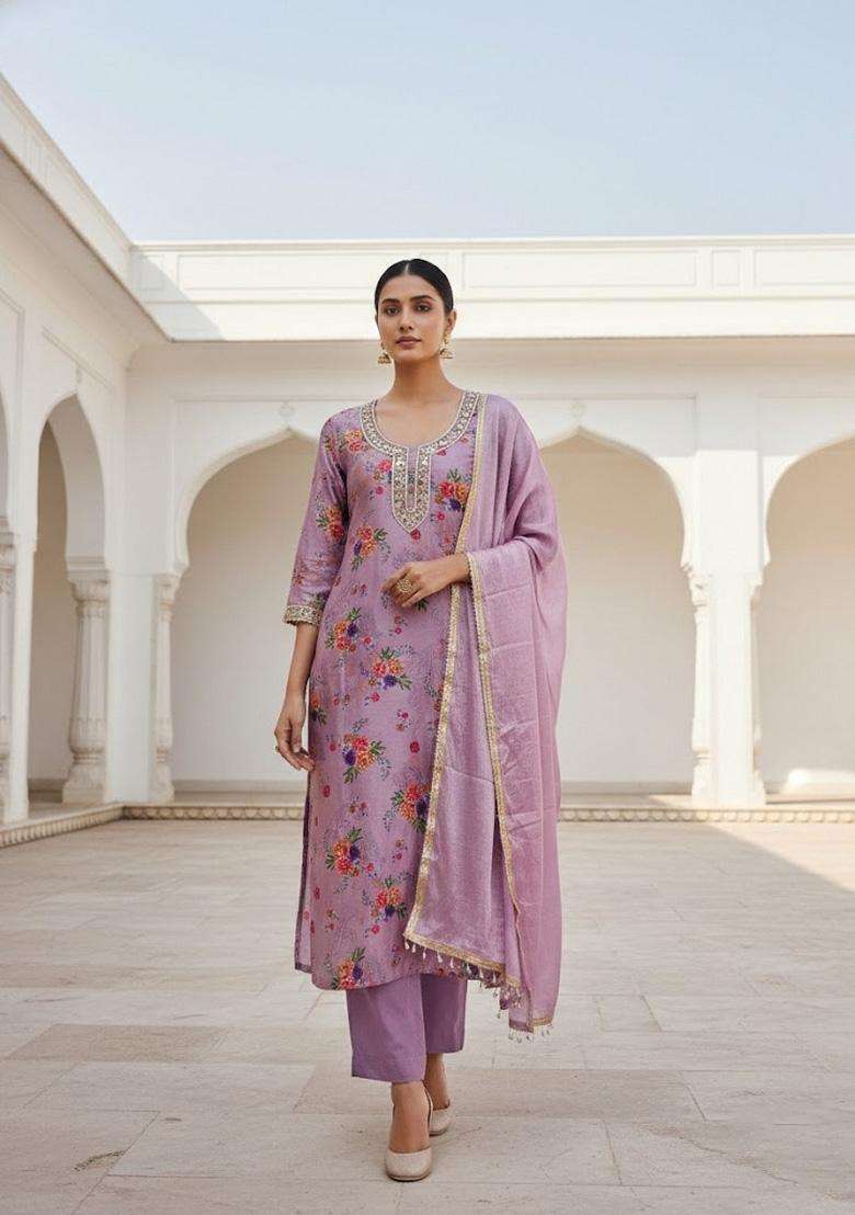 Lavender Embroidery Silk Salwar Kameez - Indya