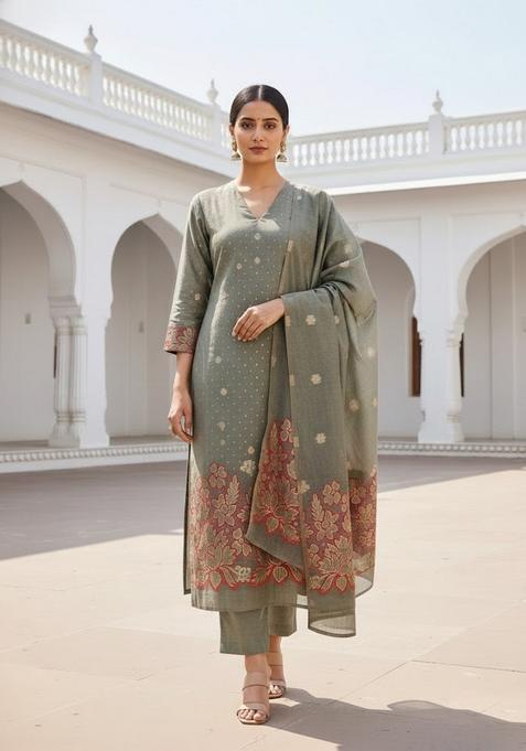 Grey Embroidery Jacquard Salwar Kameez