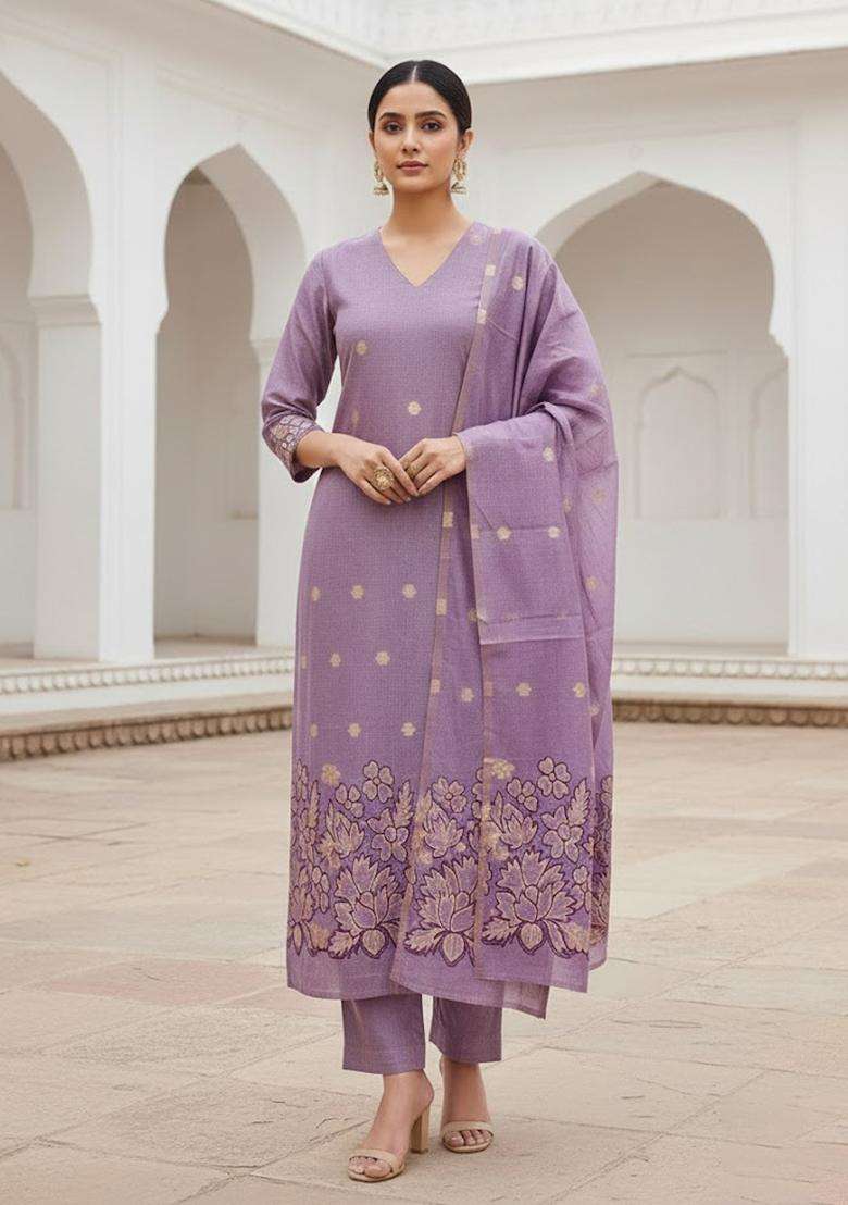 Lavender Embroidery Jacquard Salwar Kameez - Indya