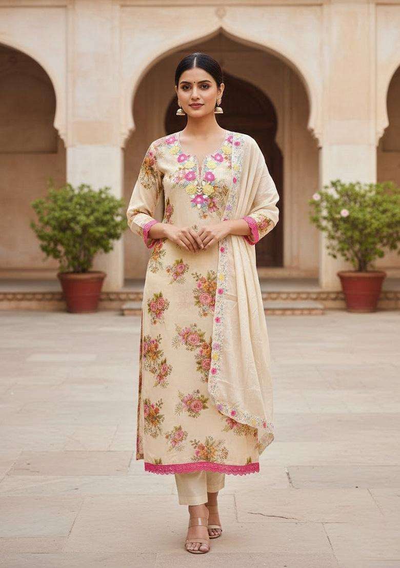 Beige Embroidery Silk Salwar Kameez - Indya