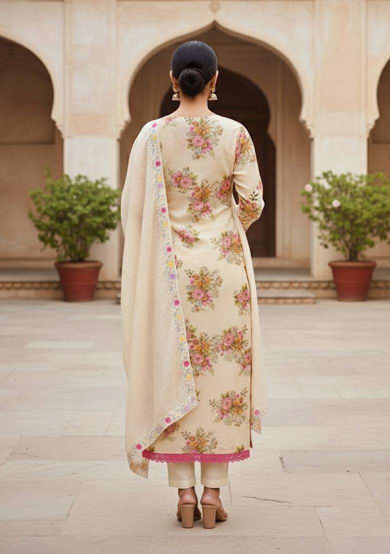 Beige Embroidery Silk Salwar Kameez - Indya