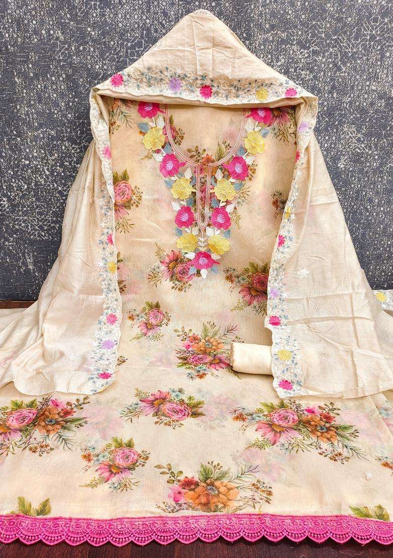 Beige Embroidery Silk Salwar Kameez - Indya