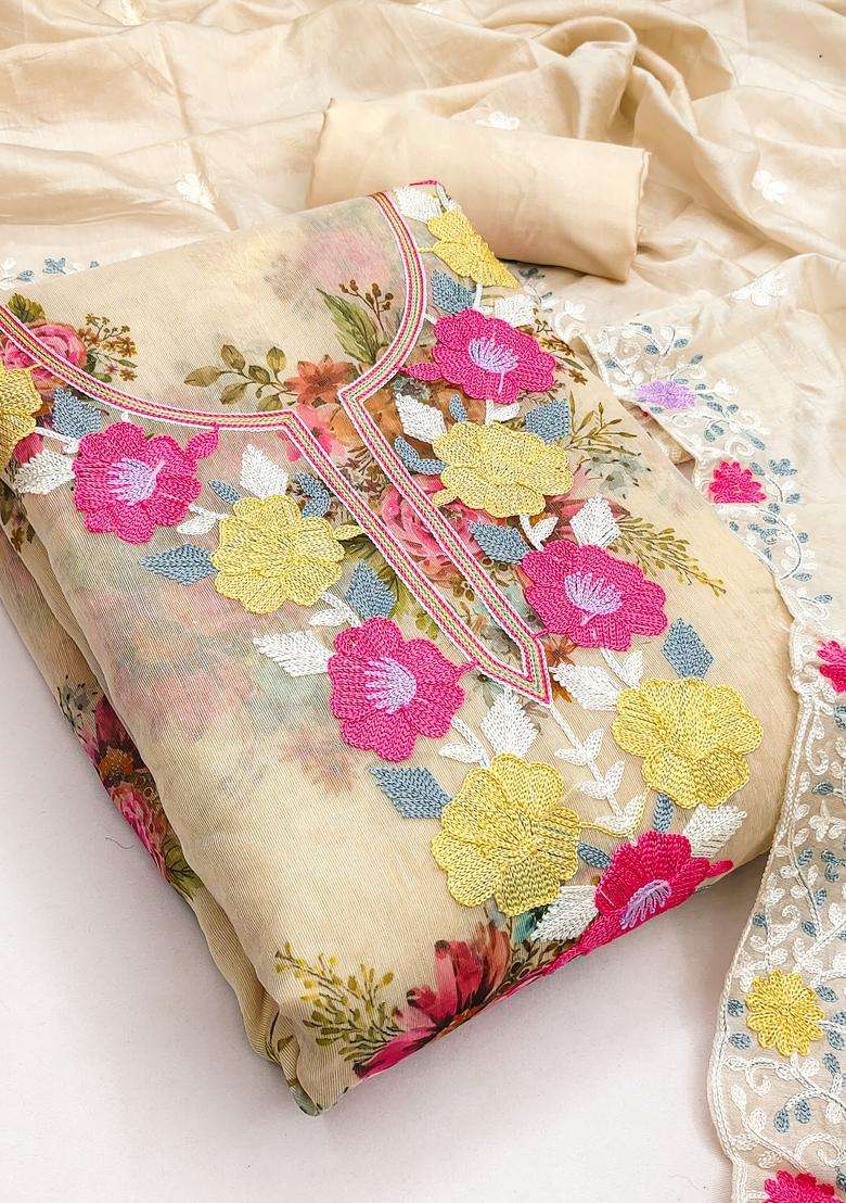 Beige Embroidery Silk Salwar Kameez - Indya