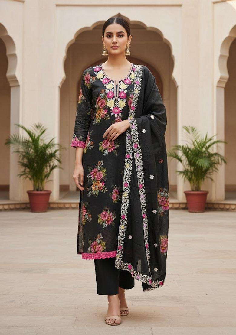 Black Embroidery Silk Salwar Kameez - Indya