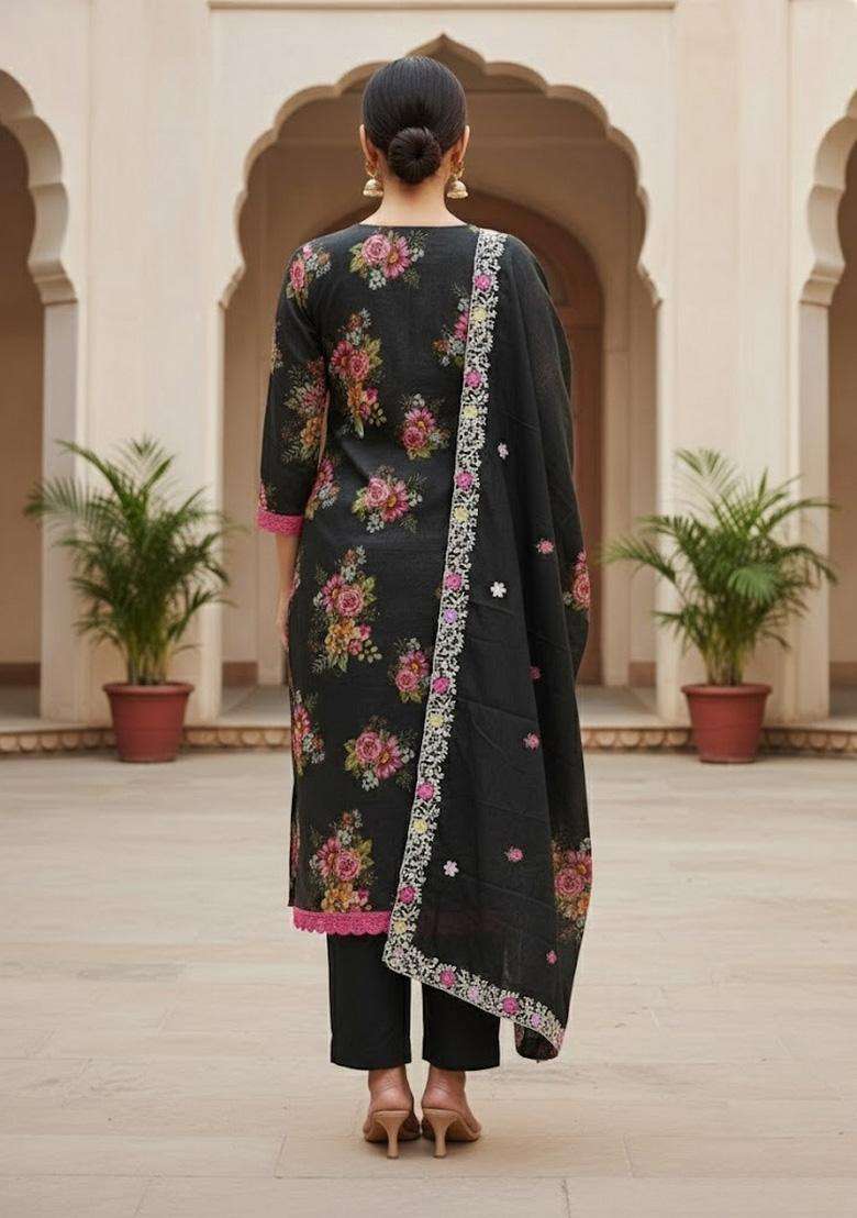 Black Embroidery Silk Salwar Kameez - Indya