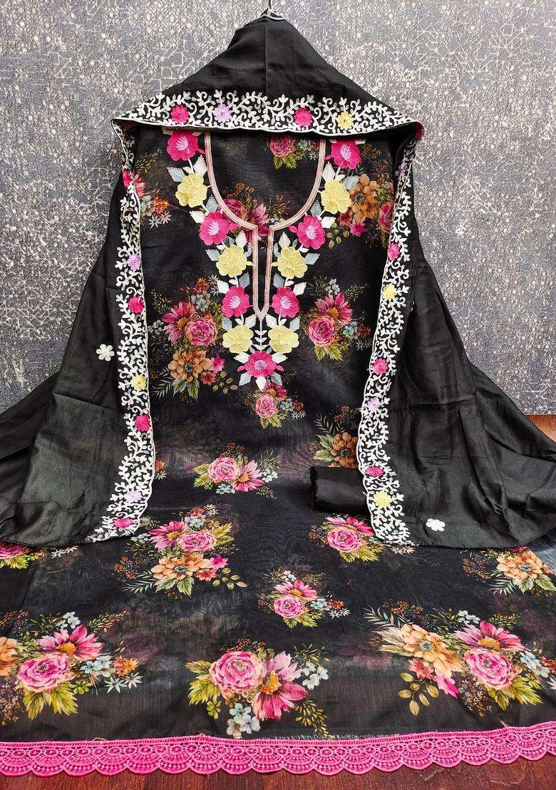 Black Embroidery Silk Salwar Kameez - Indya