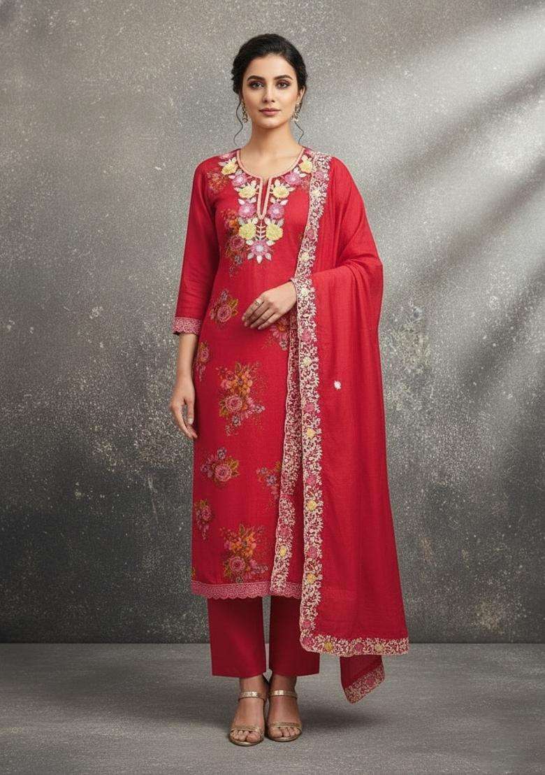 Red Embroidery Silk Salwar Kameez - Indya