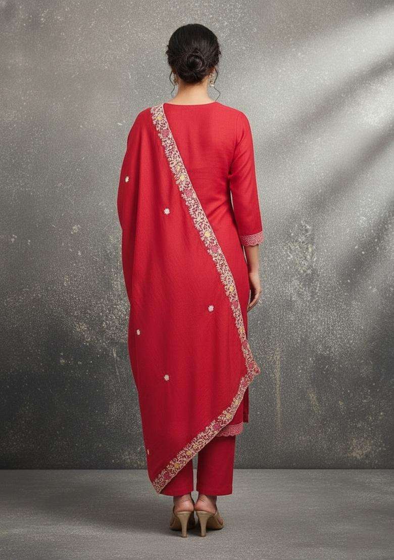 Red Embroidery Silk Salwar Kameez - Indya