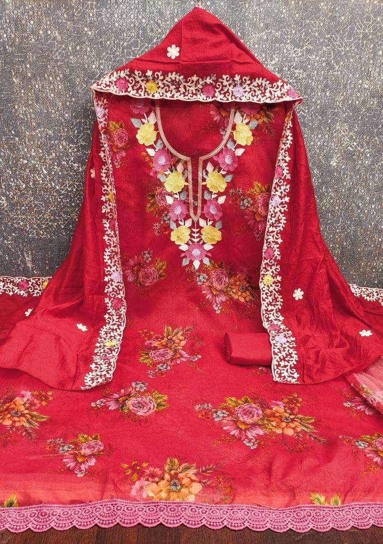 Red Embroidery Silk Salwar Kameez - Indya