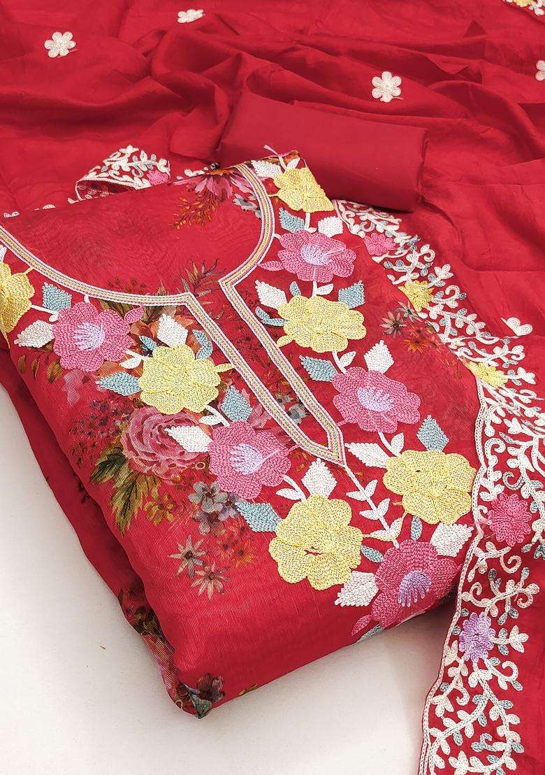 Red Embroidery Silk Salwar Kameez - Indya
