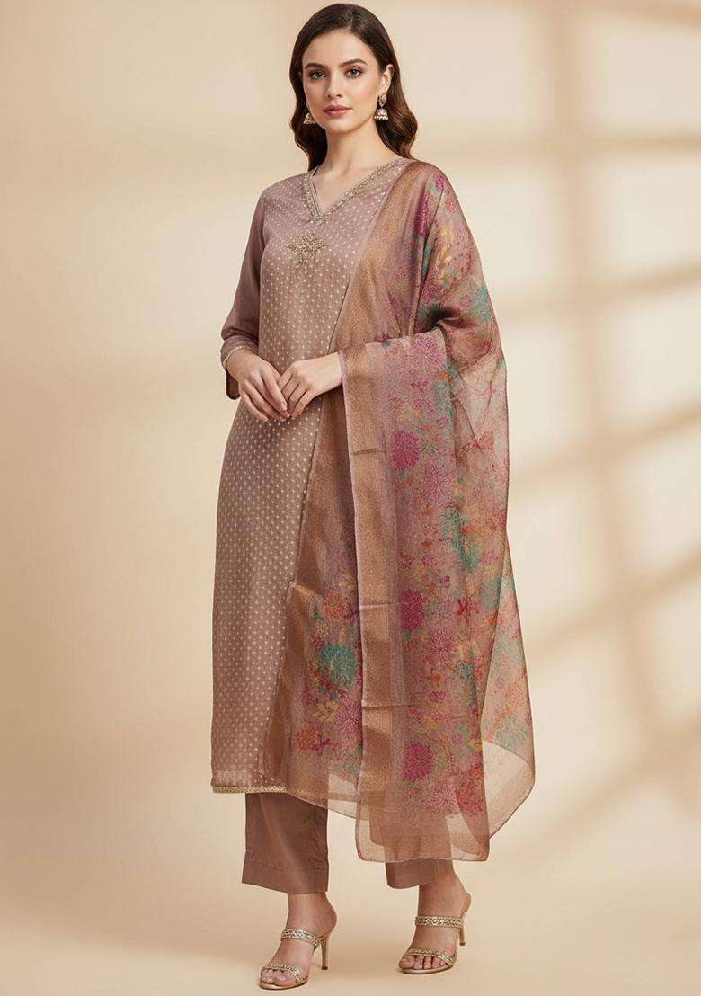 Lavender Embroidery Silk Salwar Kameez - Indya