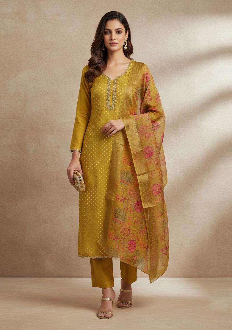 Mustard Embroidery Silk Salwar Kameez - Indya