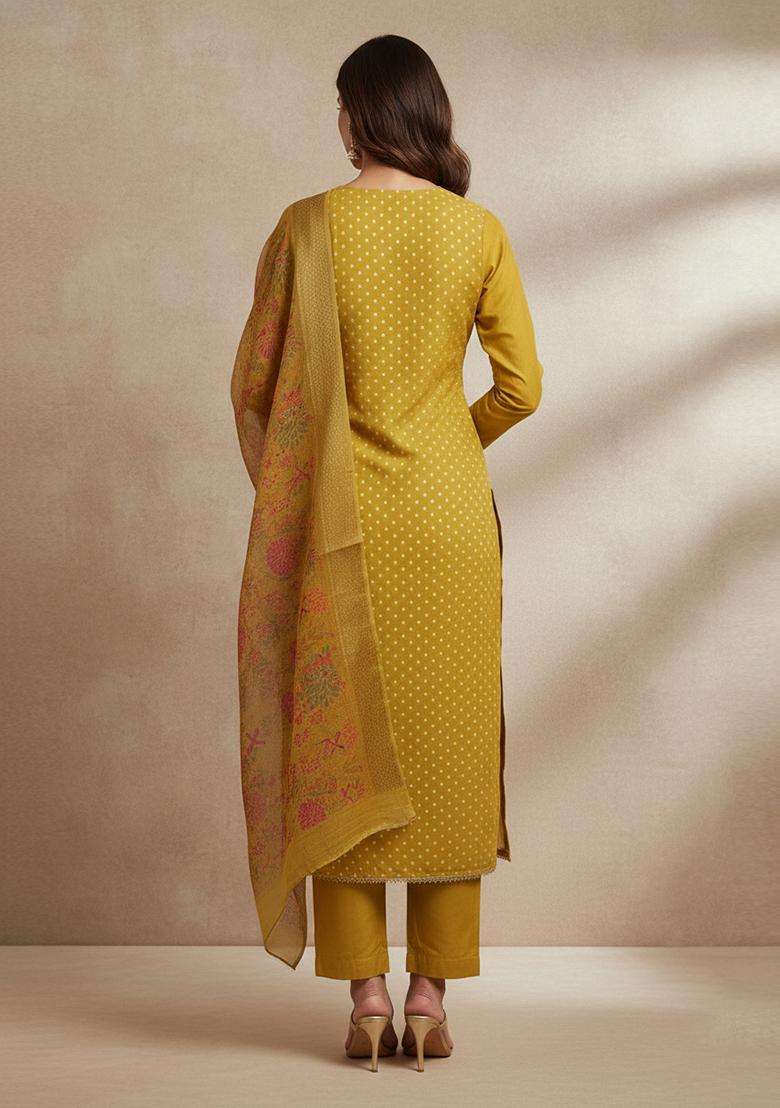 Mustard Embroidery Silk Salwar Kameez - Indya