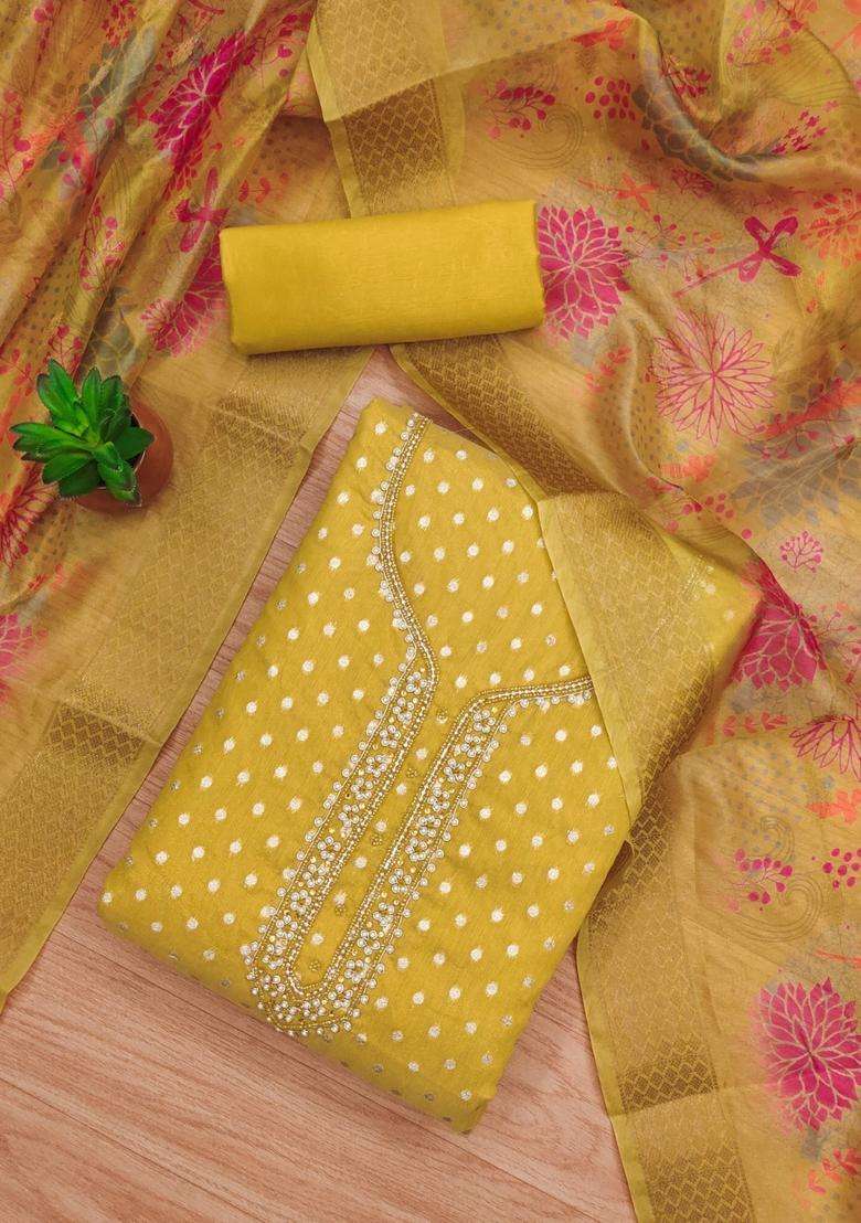 Mustard Embroidery Silk Salwar Kameez - Indya