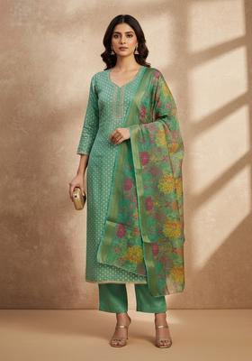 Sea Green Embroidery Silk Salwar Kameez
