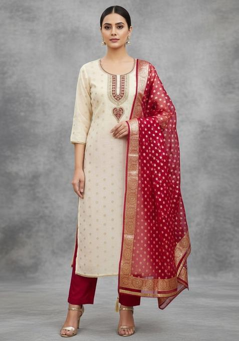 Beige Embroidery Poly Blended Salwar Kameez