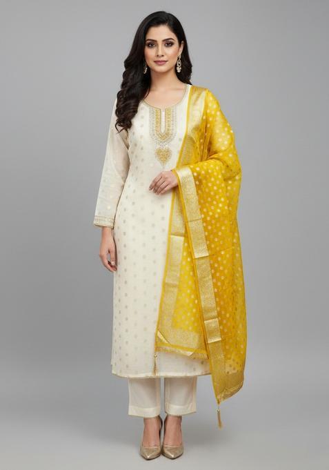 Beige Embroidery Poly Blended Salwar Kameez