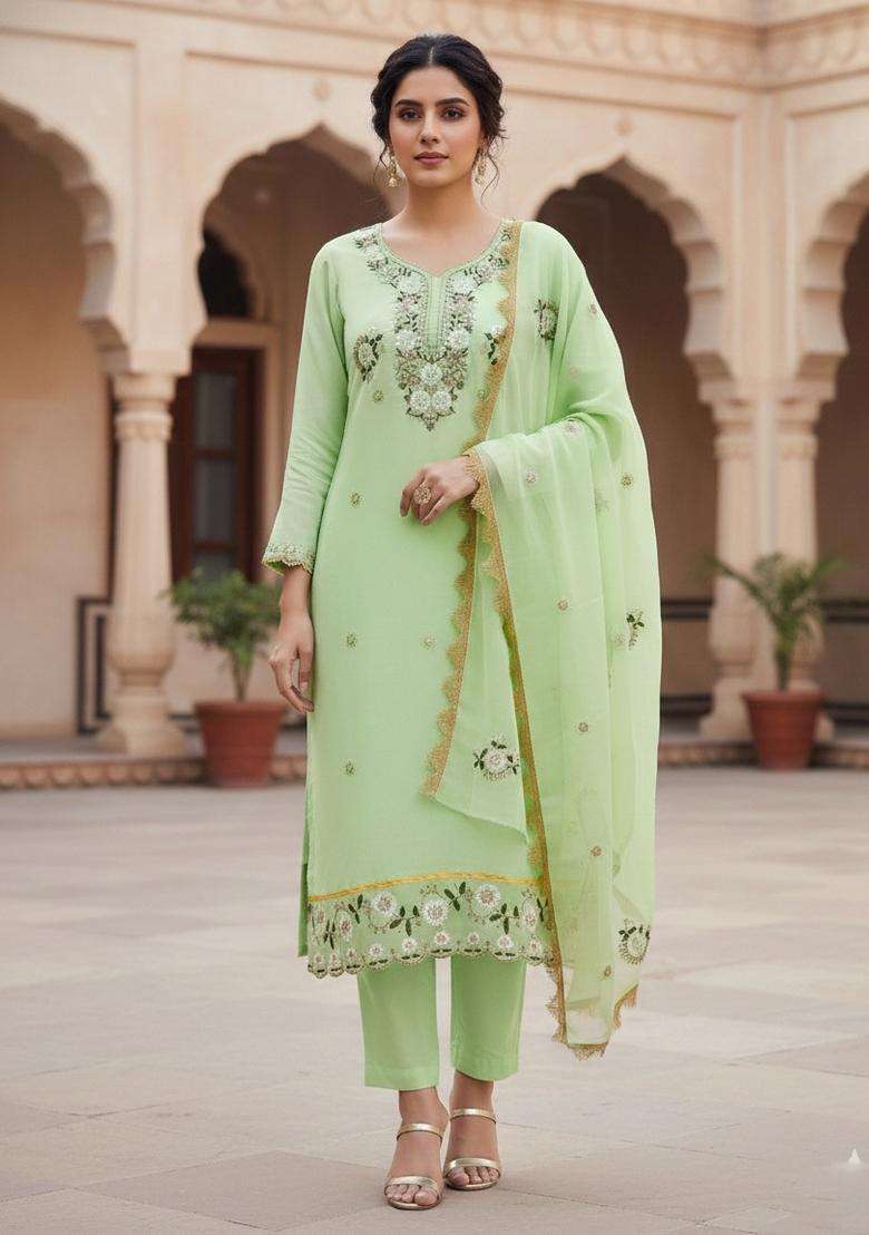 Light Green Embroidery Georgette Salwar Kameez - Indya