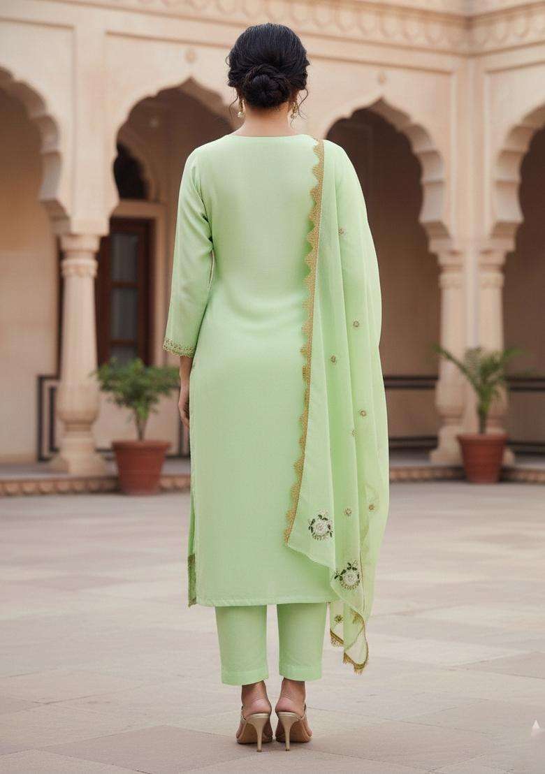 Light Green Embroidery Georgette Salwar Kameez - Indya