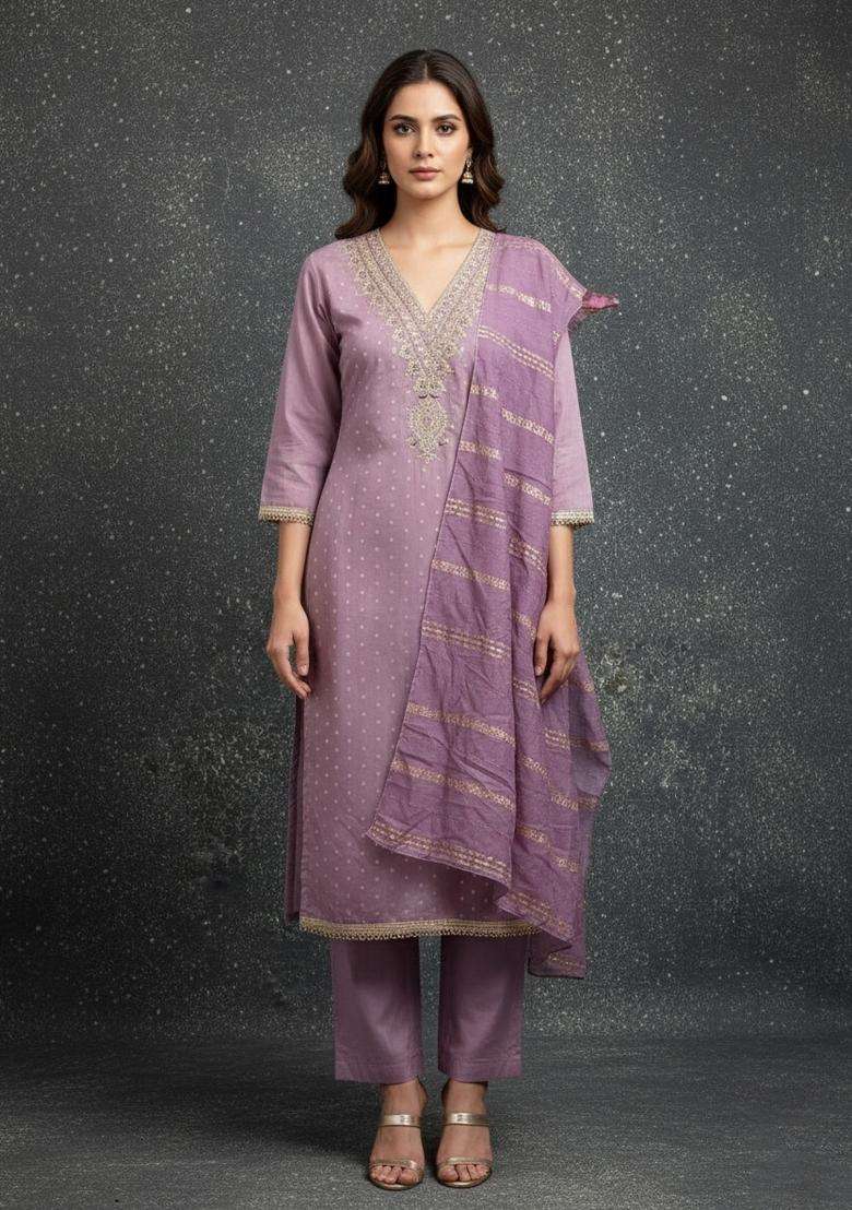 Lavender Embroidery Chanderi Salwar Kameez - Indya