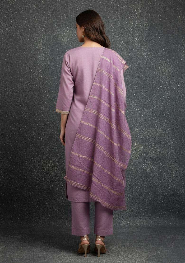 Lavender Embroidery Chanderi Salwar Kameez - Indya